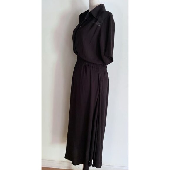 Aura The Label Genevieve Black Lattice Lace Deep V Neckline Midi Dress L - Picture 5 of 15